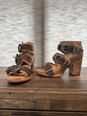 Freebird by Steven Brown Studded Buckle Leather Heeled Sandals